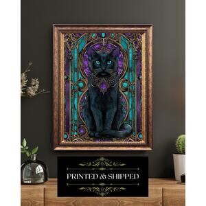 Art Nouveau Cat Print Black Cat Teal Purple Gothic Stained Glass Style